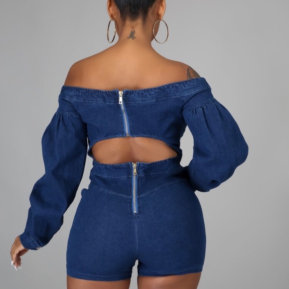 Stretch denim open back romper with bell sleeves - Picture 3 of 3